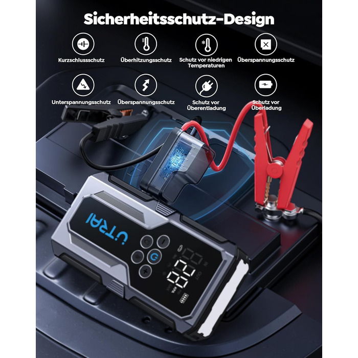 Powerbank Starthilfe UTRAI для автомобіля: 4500A, компресор 150PSI, швидка зарядка 18W, ліхтар, запуск двигуна до 8.5L бензину/6.5L дизеля