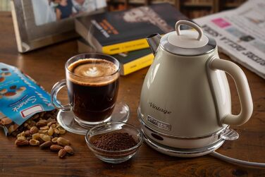 Електричний чайник Ariete Vintage 2868, Бежевий, 1 літр, 1600W, з бездротовим основанням, автоматичне відключення, нержавіюча сталь