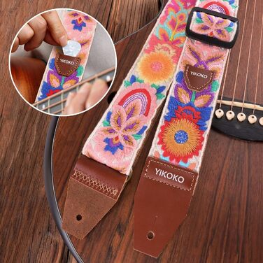 Гітарний ремінь 5,1 см з бавовни з шкіряними кінцями для бас-гітари, електрогітари та акустичної гітари (Квітка, кольорова 03)