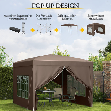 Outsunny Gazebo, approx. 3x3m, Water-resistant, Stable, Winterproof, Pop-up Folding Gazebo, UV Protection 50+, Foldable Party Tent, Garden Tent with 4 Side Panels Bag, Garden Gazebo for Camping, Garden, Coffee | Aosom