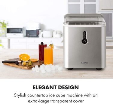 Машина для приготування льоду Klarstein Eiswürfelmaschine - 12 кг/24 год, 8 хв цикл, 1,5 л резервуар, LED-дисплеї, портативна, з прозорим кришкою, з лопаткою - для вечірок (срібна)