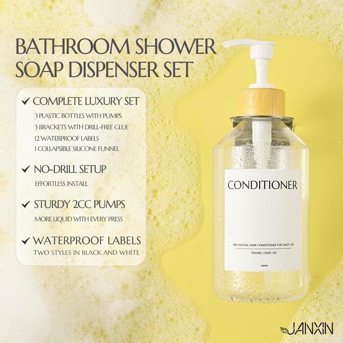 Настінний диспенсер для мила 3 шт, 500 мл, набір для душу та шампуню, чорний без свердління для кухні та ванної кімнати (прозора пляшка + білий бамбуковий ковпачок)