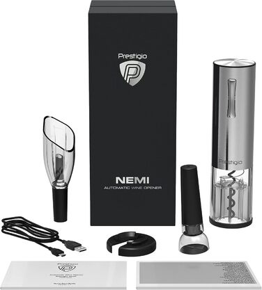 Premium Electric Wine Opener with Charging Station - Integrated Foil Cutter - Packaged in a High-Quality Gift Box - Black/Silver (Nemi - Silver)