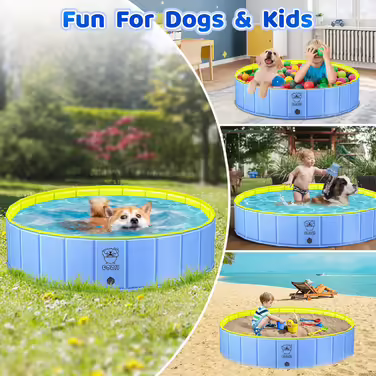 COZII Dog Pool, 160 x 30cm Dog Pool for Large and Small Dogs, Foldable Dog Bathtub, Splash Pool for Children, Portable Dog Pool with Non-Slip PVC and Bath Brush