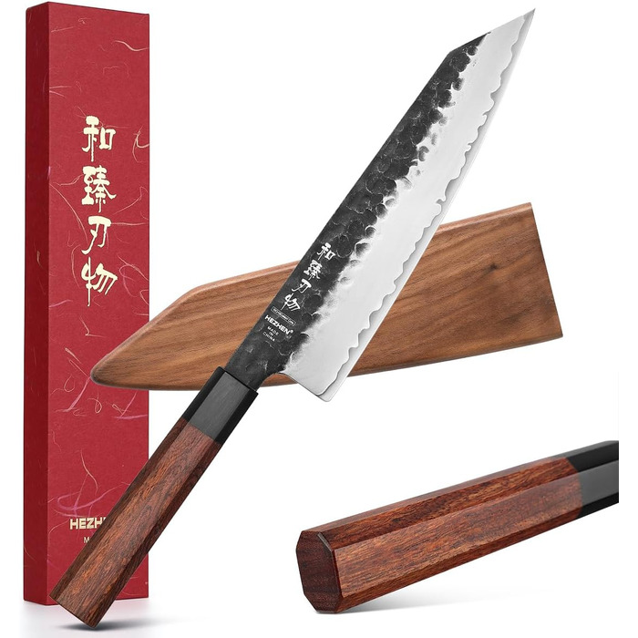 Японський ніж Kiritsuke Messer 21.5 см, сталь 3 шари, професійний, ручка з червоного дерева, дерев'яна піхва
