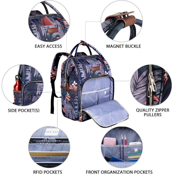 Рюкзак для ноутбука Vankean для жінок, 15.6-16.2 дюйми, з USB-портом, водонепроникний, для роботи/школи/подорожей, квітковий дизайн, темно-синій/червоний