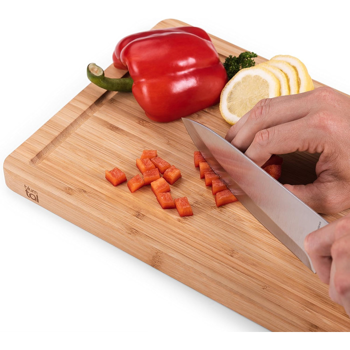 Blumtal Cutting Board Wood made from 100% Bamboo L - 2cm thick wooden board antibacterial - solid cutting board with juice groove - wooden cutting board 38x25x2cm - Alternative to plastic cutting board