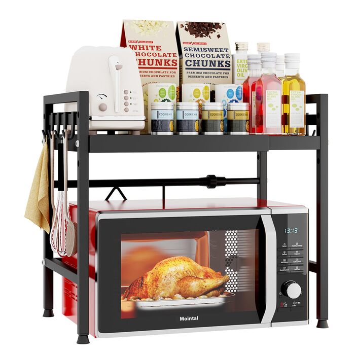 Регульована полиця для мікрохвильової печі, 2-рівнева, розширювана, металева, з 8 гачками, чорна