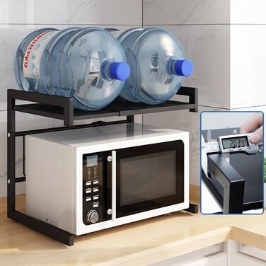 Стійка для мікрохвильової печі, 2-ярусна, чорна. Розширювана, з 6 гачками. Розміри: 36–57 x 36,5 x 80 см