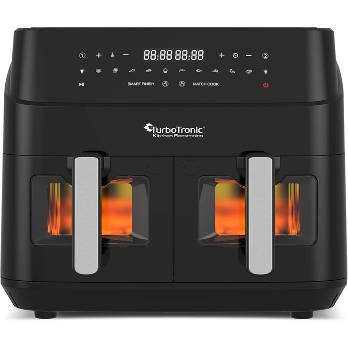 TurboTronic подвійна аерофритюрниця XXL 1600 Вт, 9 л (2×4,5 л), 10 програм, цифрова, без олії, сіра