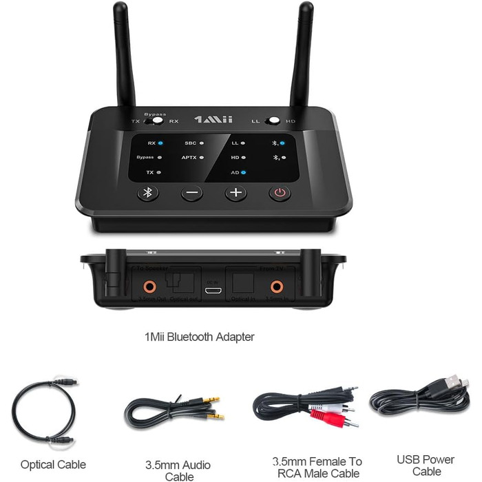 1Mii B03 Bluetooth 5.3 Передавач Bluetooth для TV з aptX HD, низькою затримкою, для 2 навушників, велика відстань, оптичний, AUX, RCA