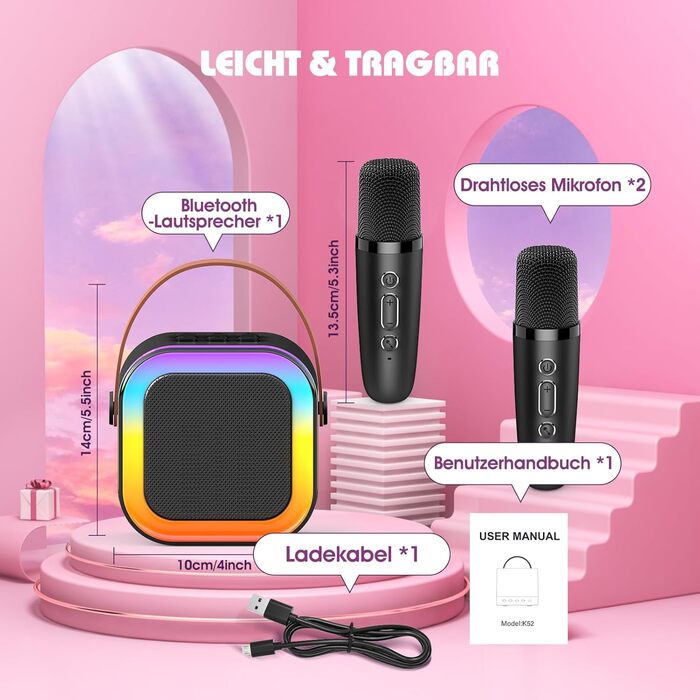 Караоке-машина для дітей 3-12 років Dislocati з 2 мікрофонами Bluetooth, портативна музична іграшка зі світлодіодним підсвічуванням, чорна