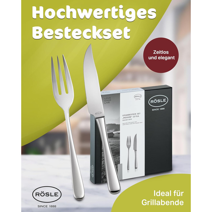 RÖSLE PASSION Steak Set, 12-Piece – High-Quality Steak Set for 6 People made of Stainless Steel 18/10 and Special Steel Blades – Highly Polished, Dishwasher Safe, in Elegant Gift Box, 12-Piece Steak Set