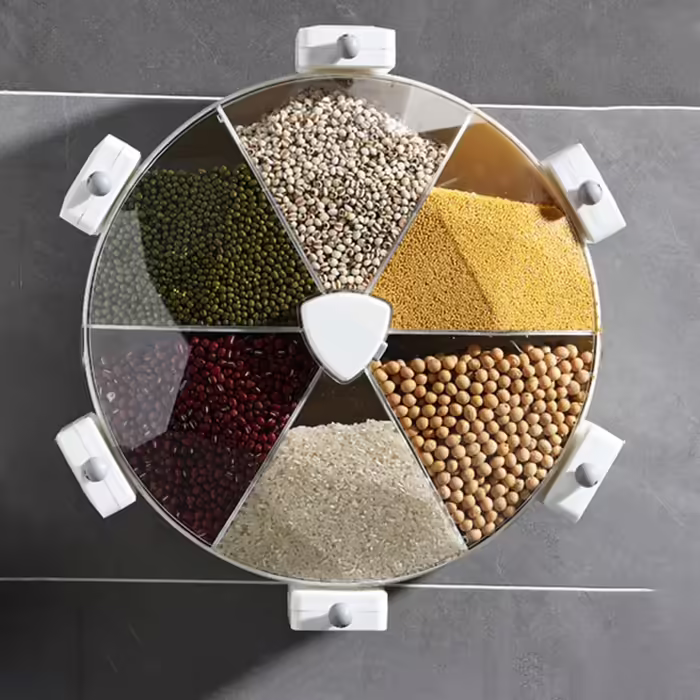Rotating rice and grain dispenser, for kitchen, wall-mounted, for dry food, storage container for beans, white color, practical food dispenser.