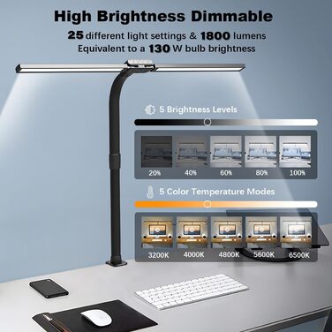 Лампа для столу Hapfish LED з кріпленням, 24W, подвійний настільний світильник, широке та яскраве освітлення, 5 режимів кольору та 5 рівнів регулювання яскравості, лампа денного світла для офісу, дому, дітей, з шийкою-лебедем