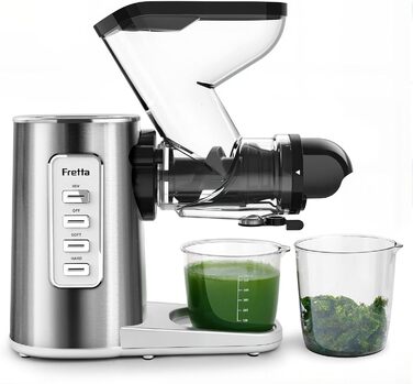 Електричний соковитискач Fretta Slow Juicer з нержавіючої сталі, 200W, Cold Press, велика завантажувальна горловина 76 мм, висока сафровидача, легке очищення, без BPA