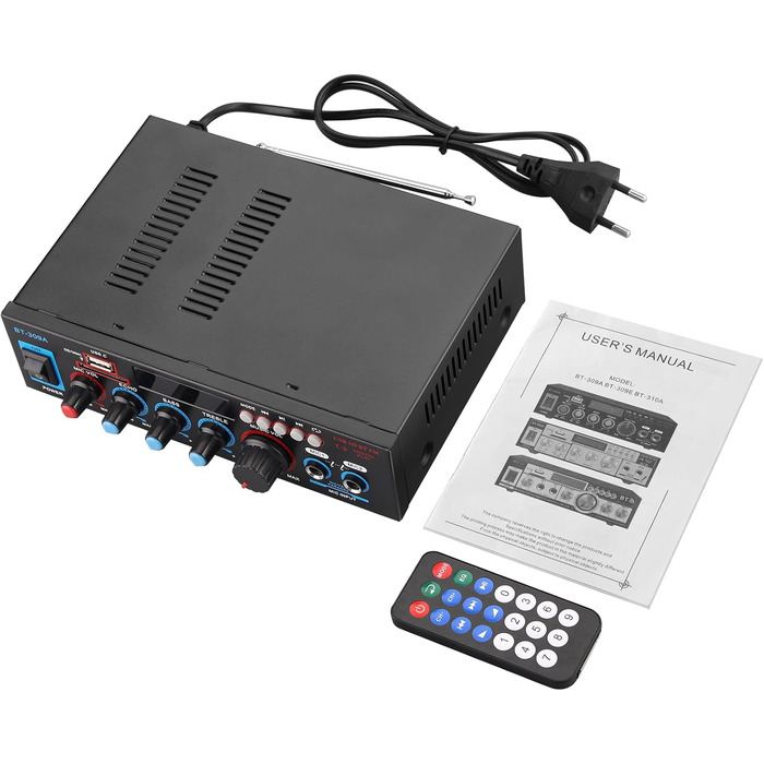Bluetooth підсилювач PROZOR HiFi Stereo 2-канальний 40Вт+40Вт, 12V/220V, для авто та дому, з FM-радіо, аудіо-ампліфікатор BT-309A