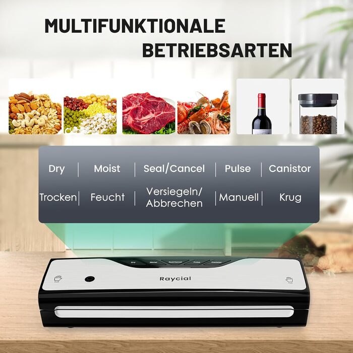 Вакуумний пакувальник Raycial 5-в-1: для сухої/вологої їжі, консервів, з набором пакетів та ріжучим ножем, чорний