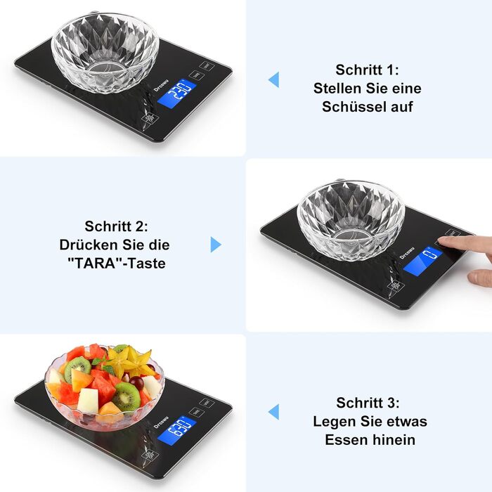 Кухонні ваги Dr. Oetker 15 кг, цифрові, водонепроникні, з LCD-дисплеєм, таро-функція, сенсорні кнопки, велика панель з нержавіючої сталі (чорний)