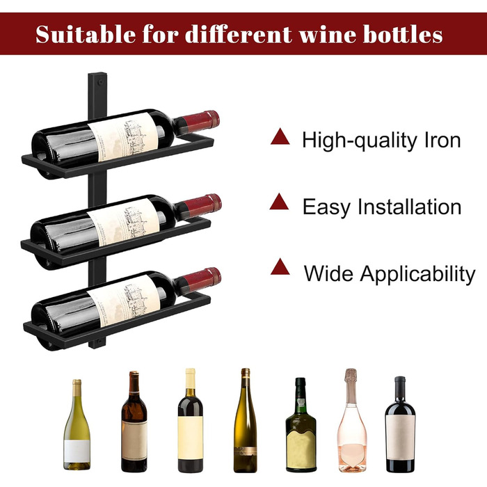 Wine Rack Bottle Rack for 6 Bottles, Metal Wine Rack Hanging Wall Mount Wine Bottle Shelves, Wall Shelf Wine Storage Shelf for Kitchen Dining Room Bar (Tier 6)