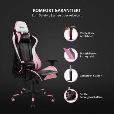 Геймерське крісло DRIFT DR175PINK: професійне, чорно-рожеве, зі штучної шкіри, з регульованими підлокітниками 2D та газліфтом класу 4