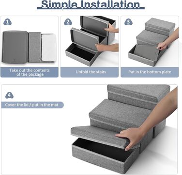 Сходинки для домашніх тварин Couleeur: 3 сходинки, антиковзкі, з місцем для зберігання, для собак та котів, складані, сірі