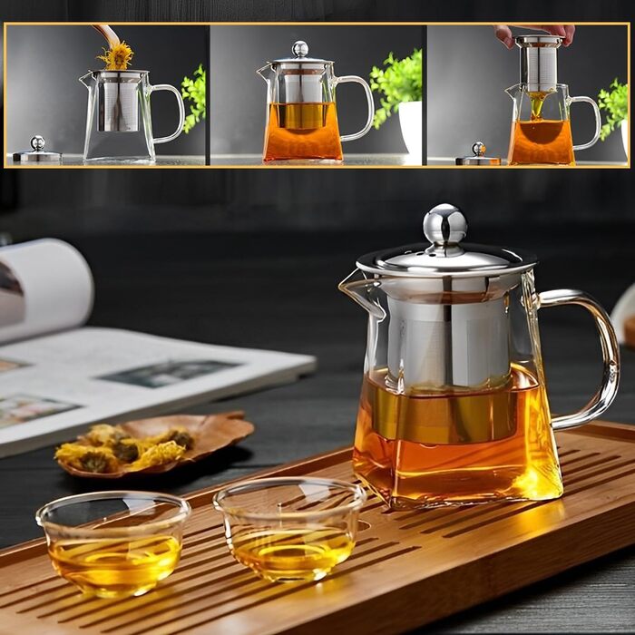Скляний чайник LiRiQi з ситом із нержавіючої сталі, термостійкий заварник для чаю з кришкою, 950 мл, для зеленого, чорного та фруктового чаю