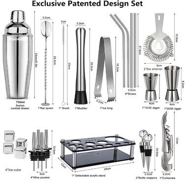 Cocktail Set 750ml Cocktail Shaker, 24pcs Bar Accessories Coctail Mixer Set Barkeepers Friend Jigger, Boston Shaker Bartender Set Decoration for Men Women (Type 4)