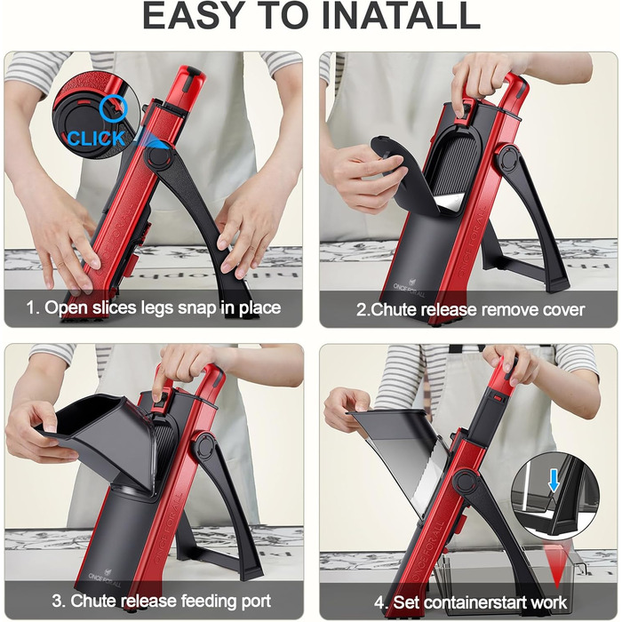 Мандоліна слайсер ONCE FOR ALL Upgrade Safe: великий, регульований подрібнювач овочів та продуктів, для нарізки картоплі фрі, знімні леза (червоний/чорний)