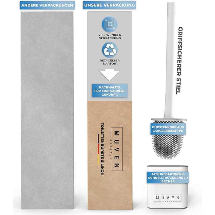 Силіконова щітка для унітазу MUVEN® з плоскою та гнучкою насадкою, швидковисихаючий тримач та гумові виступи - щітка для унітазу на стіну без свердління (білий, матовий)