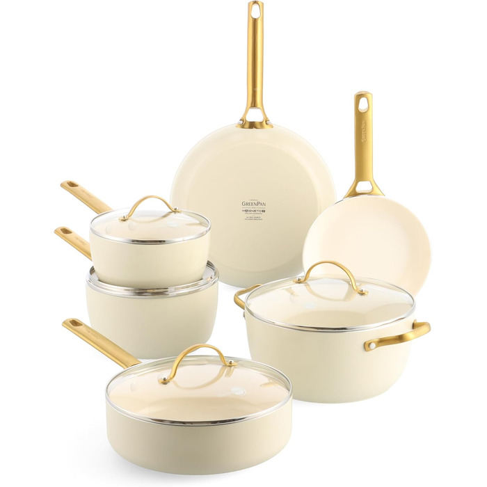 Набір посуду GreenPan Reserve з нержавіючою сталлю Hartelox, 10 предметів, з антипригарним покриттям, для індукційних плит, сумісний з духовкою, безпечний, кремовий