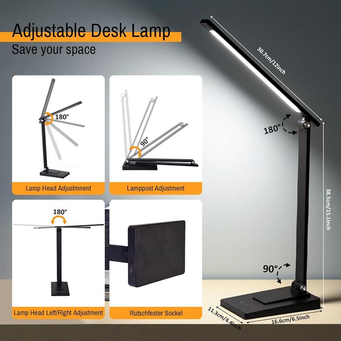 LED лампа настільна Eraylife: бездротова, 800LM, 2600mAh, 5 кольорів, 5 рівнів яскравості, диммування, для дітей, офісу, з USB, чорна