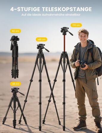 Штатив для камери та смартфона Lamicall Tripod: посилений трипод з швидким відкриттям, вантажопідйомність 8 кг, висота до 170 см, 4 рівні регулювання, помаранчевий