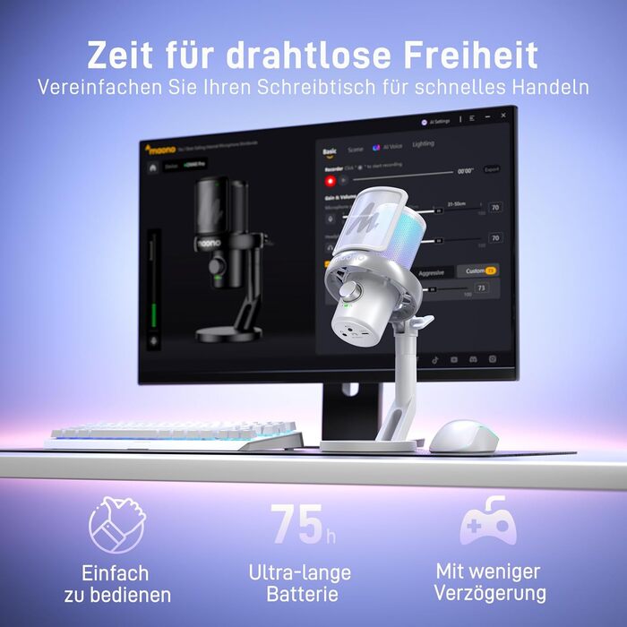 MAONO DM40 PRO Бездротовий мікрофон для ПК з RGB-підсвічуванням та ШІ-зміною голосу, 3-рівневим шумозаглушенням, для геймінгу, подкастингу та стрімінгу