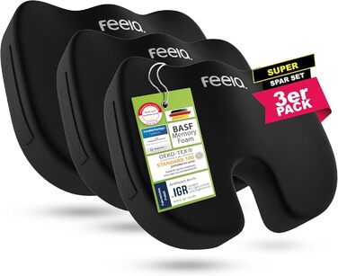 Ортопедична подушка для сидіння Feela® [3 ступені жорсткості] - Ергономічна подушка для офісного крісла та ін. Зменшує біль, підвищує комфорт, покращує кровообіг та знімає навантаження з куприка (Medium) (Medium (60-100 кг), Чорний, Набір 3 шт.)