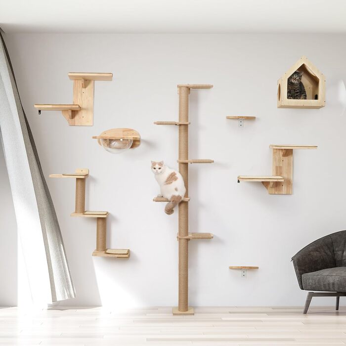Cat Climbing Wall, Cat Shelves made of Solid Rubberwood and Jute, 3-in-1 Transformable Cat Scratching Post Wall Mounted, DIY Cat Wall/Platform, Suitable for Cats to Climb, Play, and Scratch