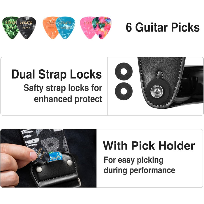 Гітарний ремінь LEKATO, смугастий, 6.7 см, з шкіряними кінцями та кишенькою для медіатора - з 6 медіаторами/фіксаторами ремінця - для бас-гітари, електрогітари та акустичної гітари