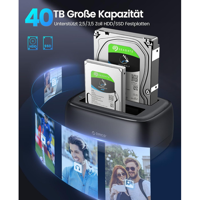 ORICO Док-станція для жорстких дисків, USB 3.2 Gen 1, 2 відсіки, підтримка 2.5/3.5 HDD/SSD, до 20TB, UASP, 12V 3A