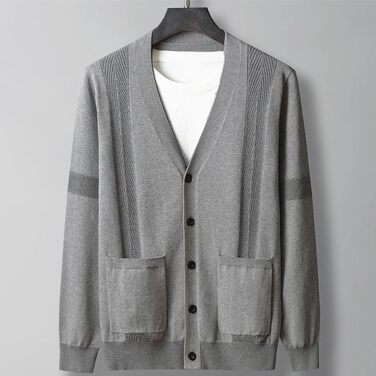 Чоловічий кардиган з в'язаного полотна, V-подібний виріз, бавовна, з ґудзиками та кишенями (сірий, M)
