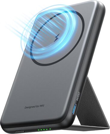 Power Bank INIU 5500mAh 20W з USB-C (вхід/вихід), магнітний акумулятор з підставкою для iPhone 16/15/14/13/12 Pro Max Mini, чорний