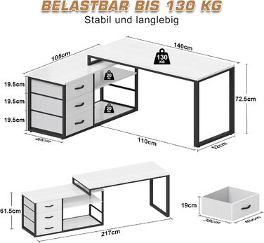 TRIUMPHKEY L-Shaped Desk with 3 Drawers & Storage - Reversible Corner Desk with USB Charging Ports & Outlets - White & Grey (140 x 105 x 75 cm)