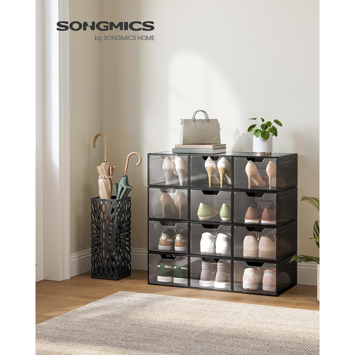 Органайзер для взуття SONGMICS, набір з 6 пластикових прозорих контейнерів-коробок зі стулкою, штабельовані, 34 x 25 x 18,4 см, до 44 розміру, чорний прозорий, LSP40W02