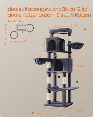 Дім для кота Feandrea, 175 см, XL, багатоярусний, з 2 печерами, 2 лежаками, 5 стовпчиками для дряпання, щіткою для котів, великою платформою, PCT182G01 (XXL, 59 x 48 x 190,7 см, темно-сірий)