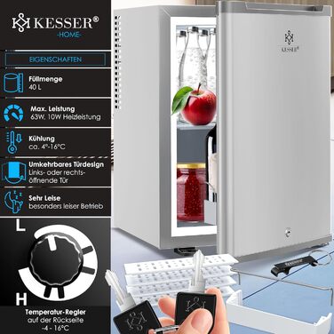 Міні-холодильник KESSER® 40L з замком: для кемпінгу, офісу, спальні, готелю, кухні. Безшумний, з LED-підсвіткою та відкривачем для пляшок. Срібний колір.