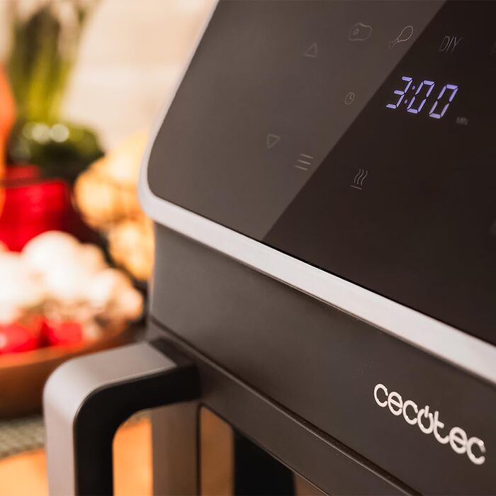 Cecotec Digital Hot Air Fryer 9L with Window - Air Fryer Cecofry Panoramic 9000. 2700W, movable divider, dual temperature, temperature from 80-200 ºC, 8 modes, multifunctional touch panel Black | Window 1 Basket 9 Liters + Divider | 12 Modes