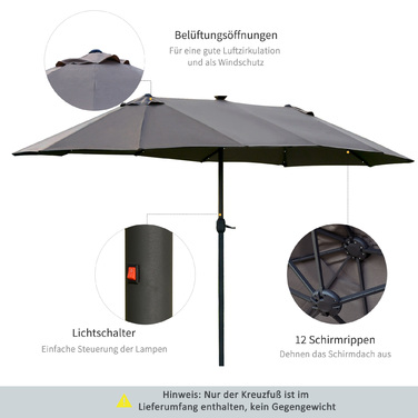 Сонцезахисний парасоль від Outsunny, 440 x 260 см з LED-підсвічуванням, двосторонній парасоль з ручним механізмом, овальний парасоль для тераси з металу, темно-сірий