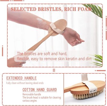 Щітка для тіла з довгим руків'ям, щітка для спини знімний руків'я, 2 насадки, для очищення тіла, скребок для спини в душі, натуральна щетина, Mango Largo