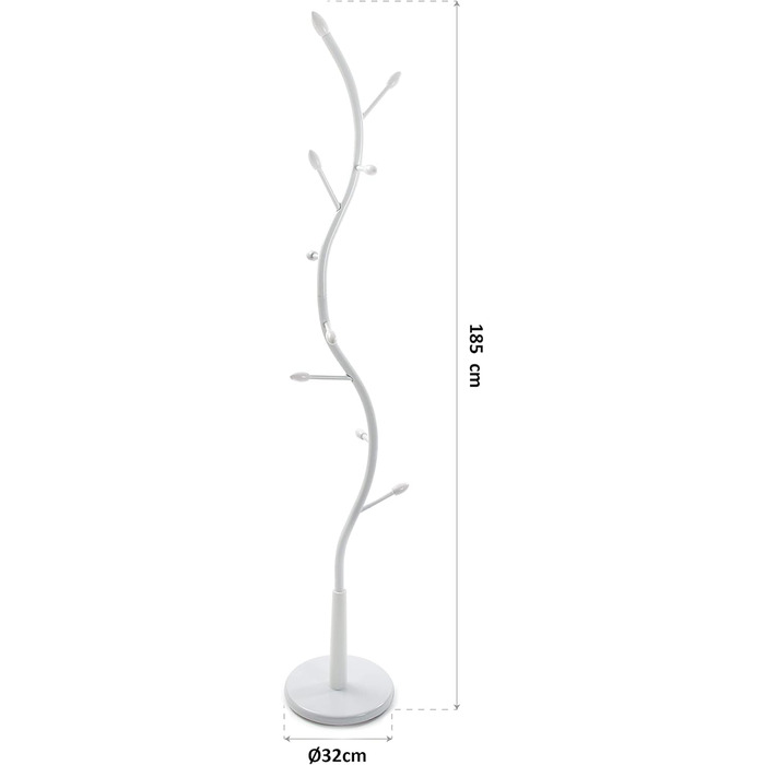 Versa Swindon Minimalist Coat Rack for Entryway, with 9 Hooks for Clothes or Bags, Dimensions (H x W x D) 185 x 32 x 32 cm, Metal, Color: White