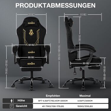 Ігрове крісло SUKIDA Ergonomic з тканини шеніль, з підставкою для ніг, підголівником та поперековою підтримкою, дихаючий матеріал, навантаження до 150 кг, чорне