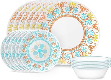 Corelle Набір посуду на 6 осіб, 18 предметів, Vitrelle, стійкий до сколів, для мікрохвильовки та посудомийної машини, морські смуги (Terracotta Dreams)